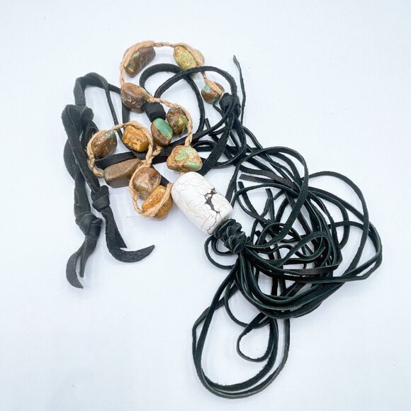 White Pendant Stone Beaded Macrame Necklace With Black Leather Tassel & Adjustab - Picture 8 of 8